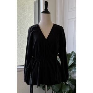 Free People Women's Poplin Wrap Blouse Size‎ S Black Swiss Dot Whimsigoth Witchy